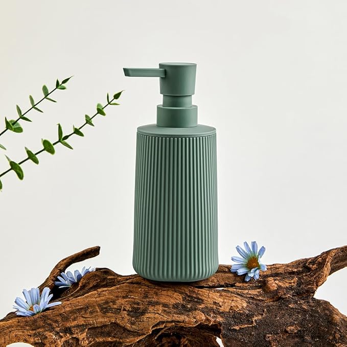 Small Soap Dispenser for Bathroom and Kitchen, Modern Farmhouse Striped Style Plastic Hand Soap Dish Soap Dispenser with Pump Matte Green
