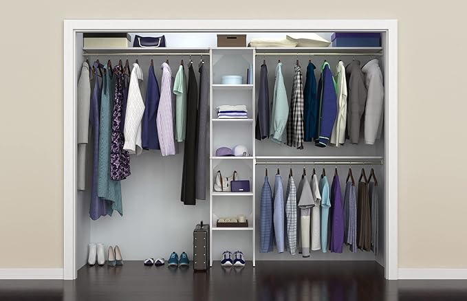 ClosetMaid SuiteSymphony Wood Closet Organizer Kit with Tower, 3 Hang Rods, Top Shelves, Adjustable, Fits Spaces 5 - 9 ft. Wide, Pure White