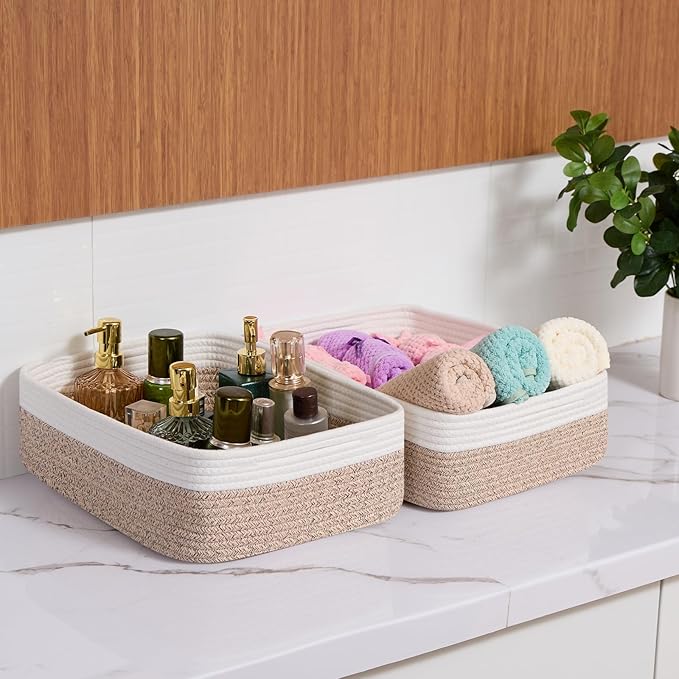 Large Shallow Organizing Baskets 15x11x5.1 Inches - Rope Woven Storage Bins for Bathroom, Shelves, Cube Closet, White Mixed Brown 4 Packs