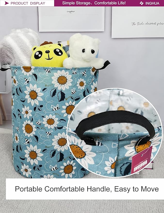 Laundry Hamper Large Canvas Fabric Lightweight Storage Basket/Toy Organizer/Dirty Clothes Collapsible Waterproof for College Dorms, Boys and Girls Bedroom,Bathroom (Sunflower)