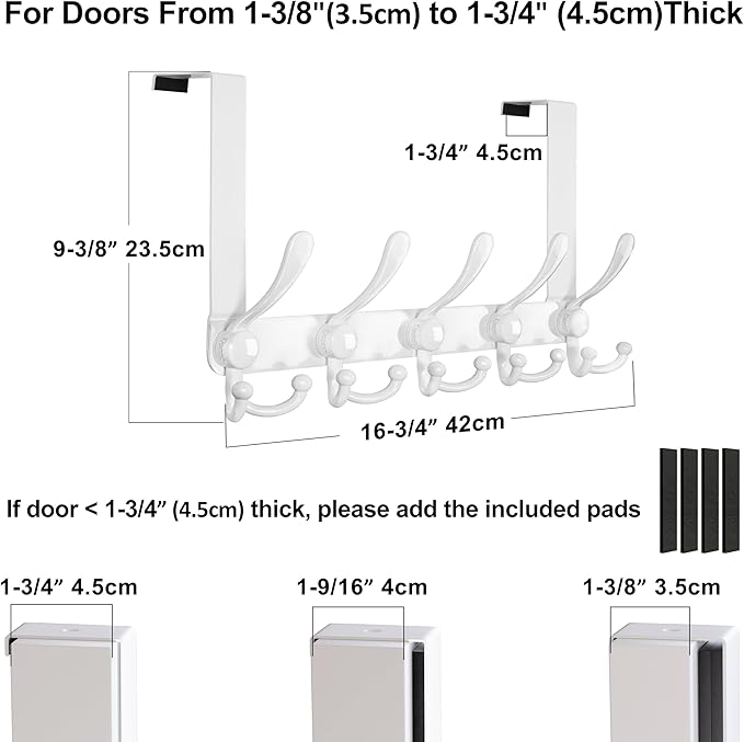Dseap Over Door Hook 2.0 - Upgraded Version - Simple-Assembly, Strong, Heavy-Duty Stainless Steel 5-Tri-Hook Over The Door Hanger Rack, SimpleStrong Series, White, Pack of 2