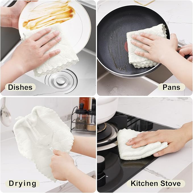 Homaxy 24 Pack Kitchen Dish Cloths (10 x 10 Inches, White), Super Soft and Absorbent Coral Velvet Dish Towels, Nonstick Oil Fast Drying Microfiber Cleaning Cloth, No Lint Household Dishcloths