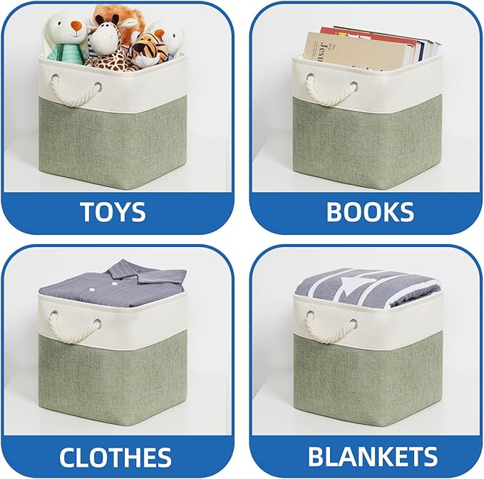 Temary Cube for Shelves 11 Inch Bin 4Pack Fabric Storage Baskets for Organizing Toys, Clothes, Decorative Baskets with Rope Handles (White&Green)