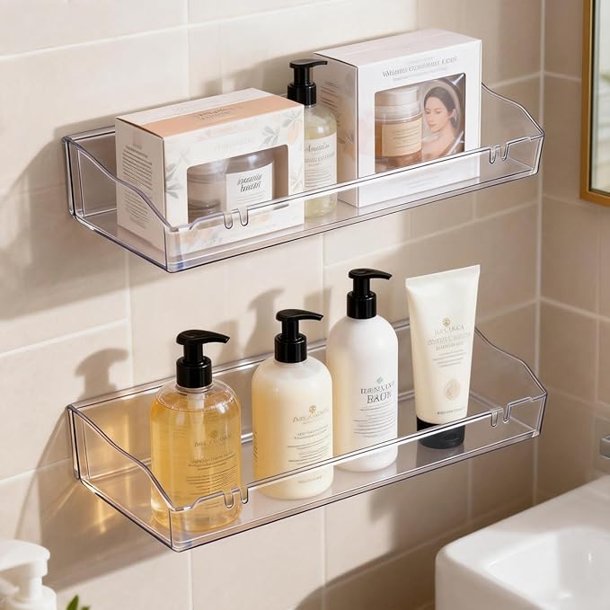 Clear Floating Shelves, Acrylic Shelves for Bathroom Organizers and Storage, Bathroom Shelf with Adhesive Shelf or Screws, Wall Mount Organizer for Shower Caddy,Room Decor, Kitchen, Living Room