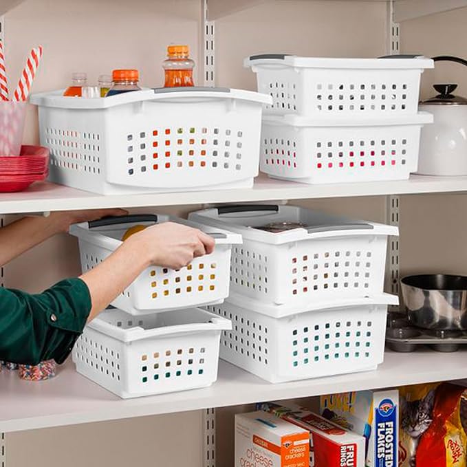 Sterilite Small Plastic Stacking Storage Basket Container Totes w/Comfort Grip Handles and Flip Down Rails for Household Organization, 8 Pack, White
