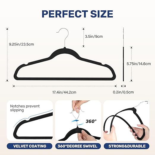 Simple Deluxe 30 Packs Heavy Duty Velvet Hangers, Space Saving Felt Hangers, Heavy Duty Clothes Hangers with 360° Rotatable Hook for Coats, Pants, Black