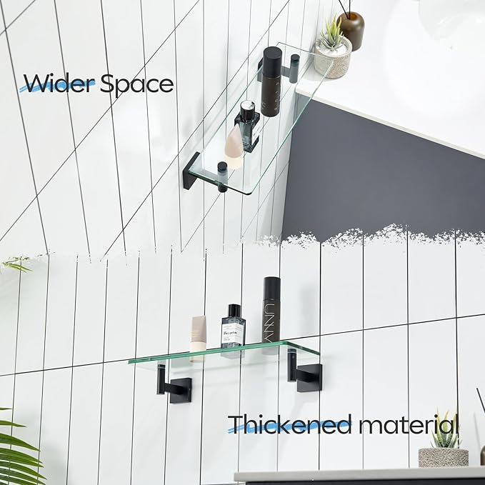 KOKOSIRI Bathroom Shelves Glass Floating Shelf 16-Inch for Bedroom, Living Room, Kitchen, Small Hanging Rack Rustproof Wall Mounted Black B1105BK-L16