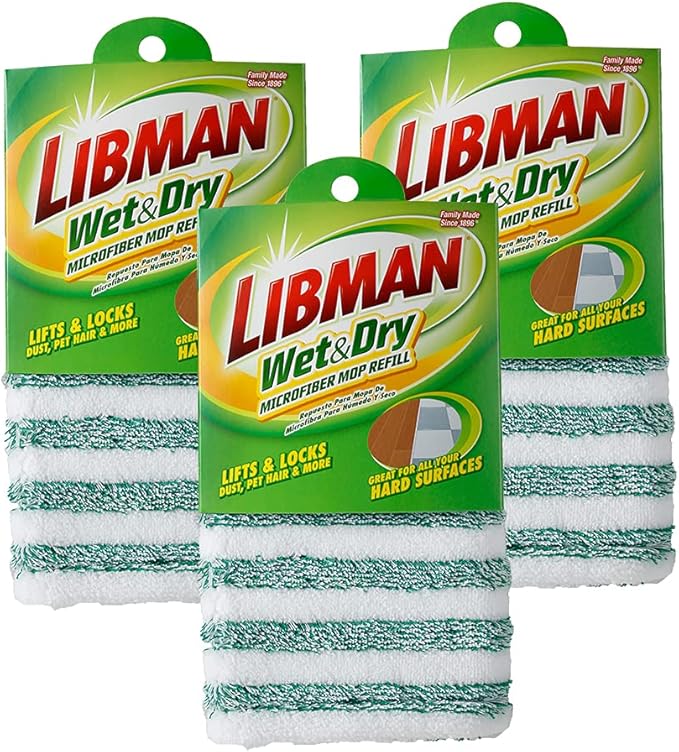 Libman Wet & Dry Microfiber Mop Refills | Dust Mop for Hardwood Floors | Wall Mop | Mops for Floor Cleaning | 3 Total Microfiber Mop Pads Included