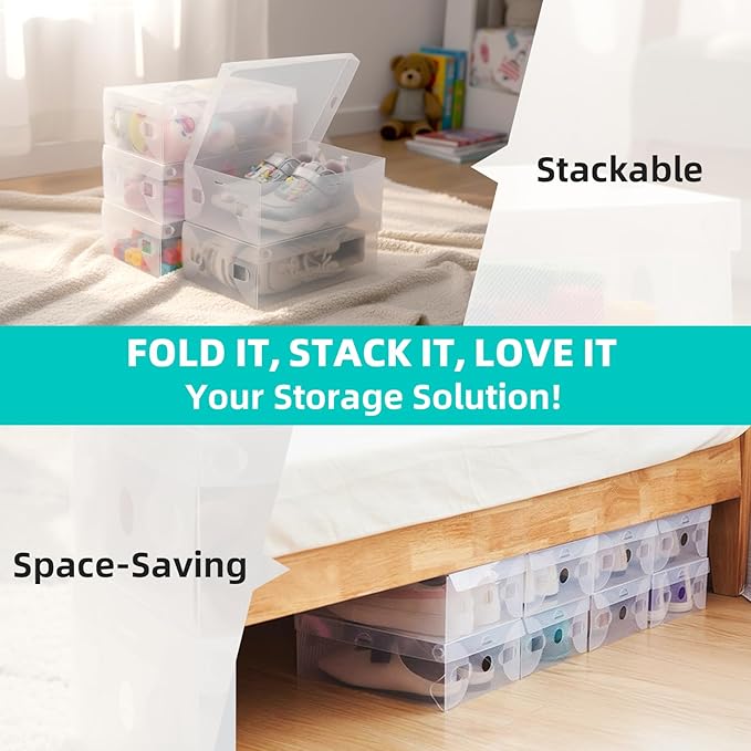 kilofly 10 Kids Women Smart Storage Containers Foldable Clear Shoe Box Set