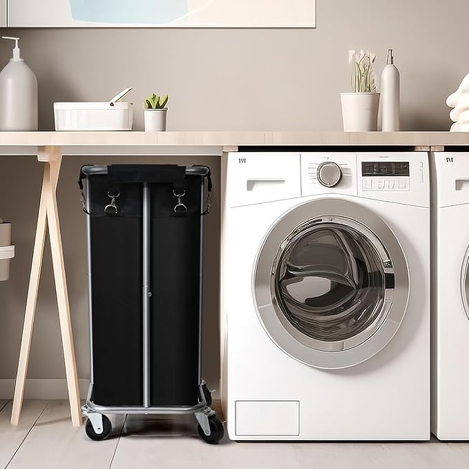 Laundry Basket with Wheels, Rolling Laundry Hamper with Removable Bag, 100L Laundry Sorter Cart, Tall Narrow Slim Clothes Hamper Organizer with Sturdy Metal Frame, Black+Silver