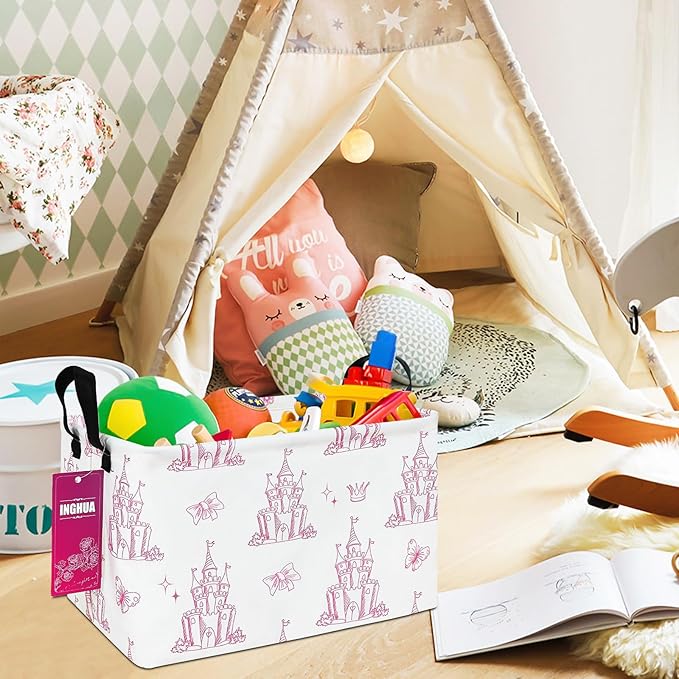Rectangular Storage Basket Fabric Organizer Bin for Toys,Books,Clothes,Gifts,Pets-Perfect for Home,Office,Nursery,Dorm,Shelf(Rec-Shining castles )