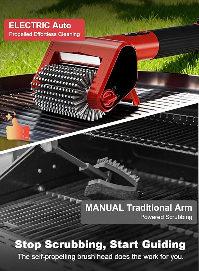 Electric Rechargeable Grill Brush, 650RPM Spinning Stainless Steel Bristle BBQ Brush, Bristle-Free Grill Cleaner for Outdoor & 2 PCS Scouring Pads - Heavy Duty Cordless Electric Tool with LED Light