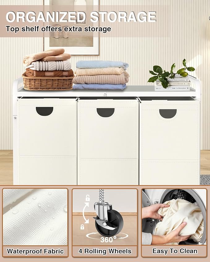 Laundry Sorter 3 Section,Laundry Basket with Wheels,3×15.8 Gal (60L) Laundry Hamper Organizer with Large Wooden Desktop Sorter,Pull-Out and Removable Laundry Bags (Creamy White, 3 Bags - 180L)