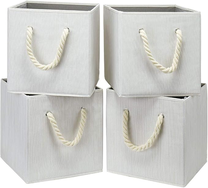 i BKGOO Foldable Storage Cube Bins Beige-White Bamboo Fabric Collapsible Resistant Basket Box Organizer with Cotton Rope Handle for Home Office and Nursery 10.5x10.5x11 inch