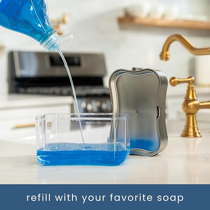 S&T INC. Dish Soap Dispenser and Sponge Holder for Kitchen Sink, Sponge Included, 13 Ounces, Metallic Silver