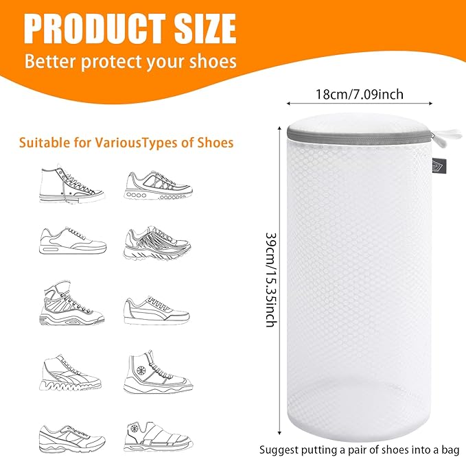 Kimmama Shoe Washing Machine Bag, Shoe Bag for Washing Machine, Mesh Laundry Bags for Sneakers, Footwear, Trainers, Slippers, Honeycomb Net, Grey Zipper, 7x15" (Pack of 2)