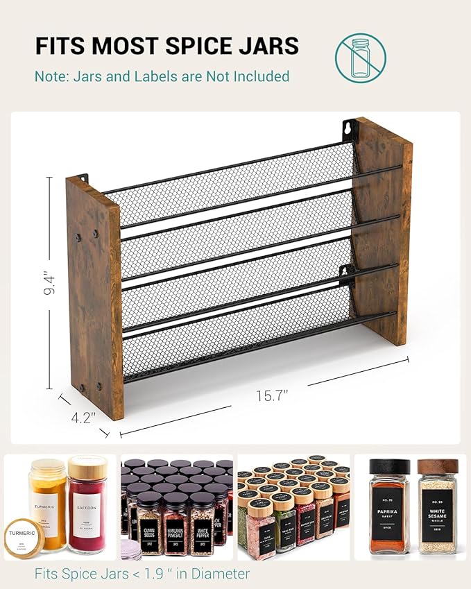 NESAPTO Spice Rack Organizer for Cabinet, Wooden 4 Tier Vertical Seasoning Organizers for Kitchen Pantry, Countertop/Wall Mount, Holds 32 Spice Jars (No Jars Included), 15.7" W × 9.4" H
