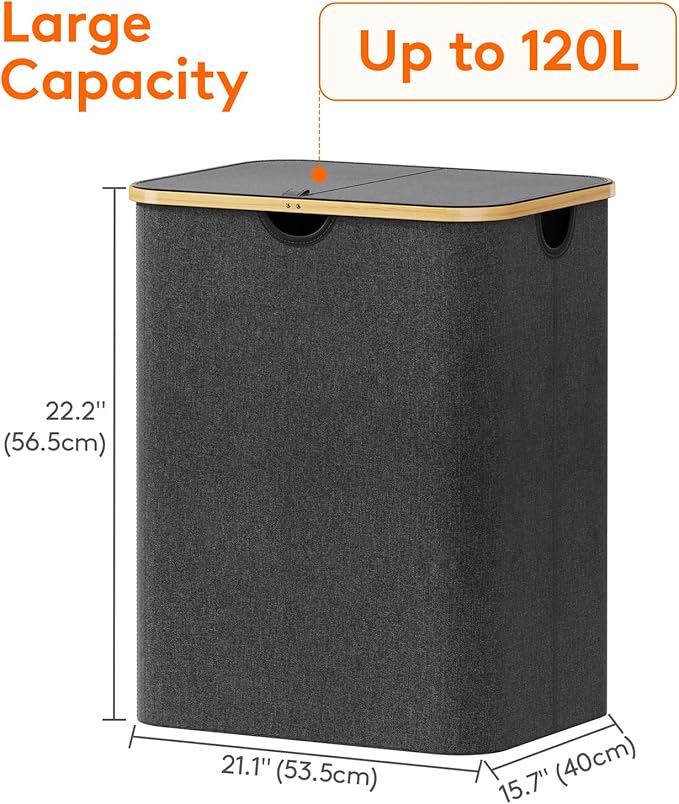 Lifewit 120L Laundry Basket with Lid, Clothes Hampers for Laundry with Bamboo Handles and 2 Removable Bag, Large Foldable Laundry Hamper for Bedroom, Bathroom, Dorm, Laundry Room, Dark Gray