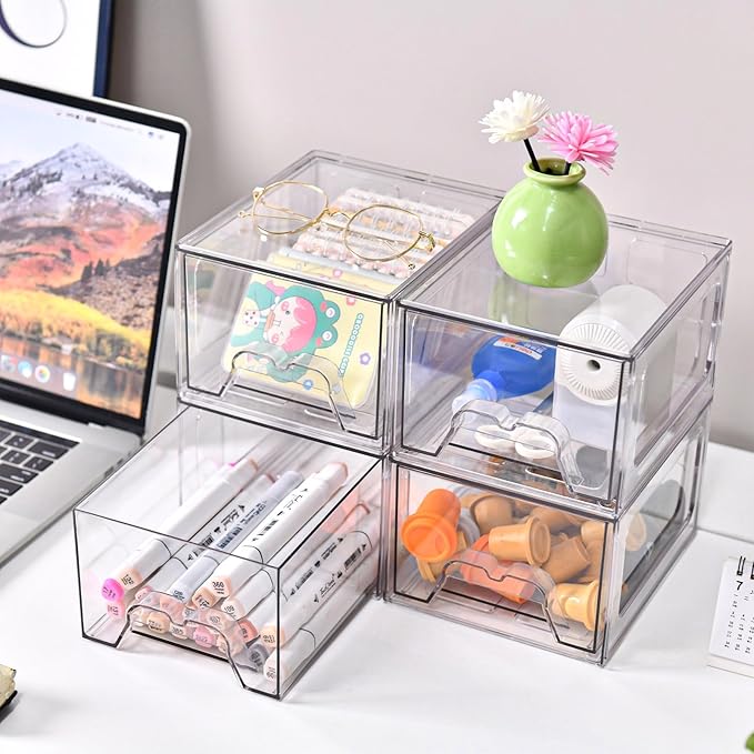 6 Pack Stackable Makeup Organizer, 4.4'' Tall Acrylic Bathroom Makeup Organizer and Storage Drawer with Pull-out Handle, Clear Plastic Storage Bins for Vanity,Pantry,Desk,Undersink,Kitchen