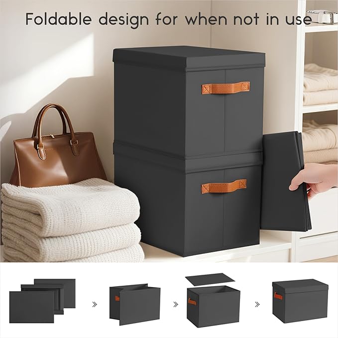 Storage Bins with Lids - Large Fabric Closet Bins with Lid, 8 Pack Clothes Organizers and Storage, Collapsible Stackable Cube Basket for Home, Office, Dorm, Black