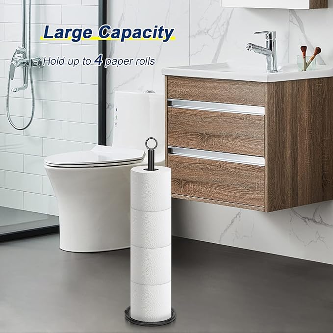 NearMoon Bath Toilet Paper Holder Stand, Freestanding Tissue Paper Storage with Reserve, Space Toilet 4 Rolls Holder for Bathroom/Kitchen Countertop-All Metal (1 Pack, Matte Black)
