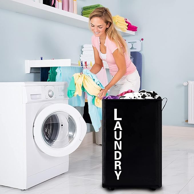 92L Extra Large Rolling Laundry Basket with Leather Handle,Tall Laundry Hamper on Wheels,Laundry Bin,Rolling Laundry Cart Black