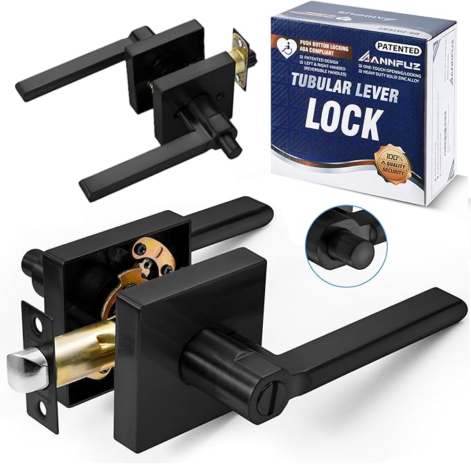Privacy Push Button One-Touch Locking Interior Door Handle Without Key,Non-Handed Opening,Reversible Left Right Door Konb, ADA-Compliant,Keyless Lever Door Lock for Bathroom,Bedroom