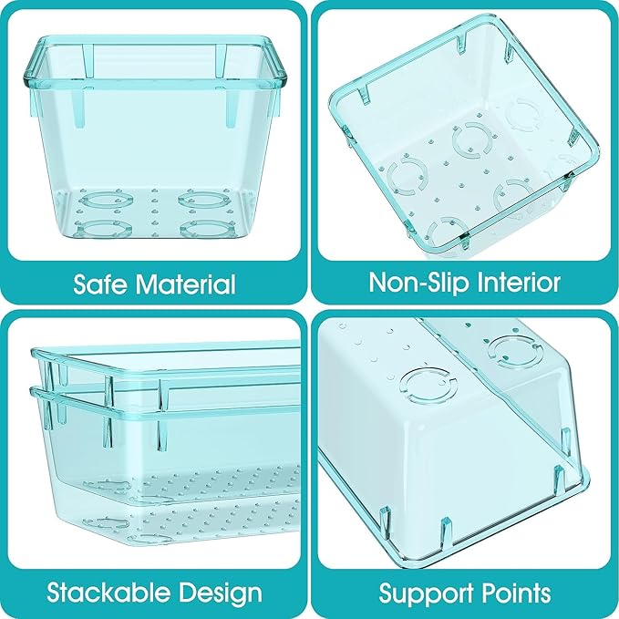 7 PCS Clear Plastic Drawer Organizers Set, 4 Size Desk Drawer Organizer Trays for Makeup, Jewelry, Kitchen Utensils, Gadgets and Office Accessories, Sea Blue