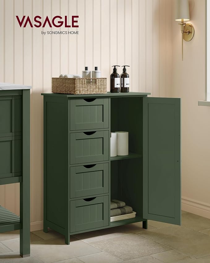 VASAGLE Storage Cabinet with Drawers, Freestanding Floor Cabinet with Door, 11.8 x 21.7 x 32.3 Inches, Adjustable Shelf, for Bathroom, Living Room, Kitchen, Forest Green ULHC041CH01S