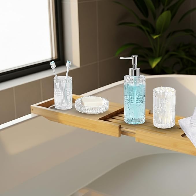 Escenzy Clear Glass Bathroom Accessories Set 4 Pcs | Premium Liquid Soap Dispenser and Toothbrush Holder Set, Qtip Holder, Soap Tray | Bathroom Countertop Organizer | Modern Bathroom Accessory Sets