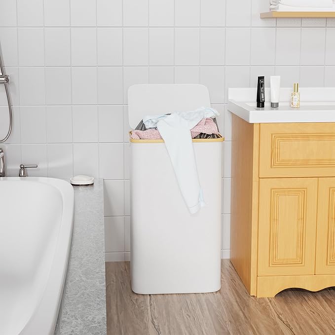 SUOCO Laundry Hamper with Lid, 29 Gal (110L) Clothes Basket with Bamboo Handles, Large Foldable Laundry Hamper for Bedroom, Bathroom, Dorm, Laundry Room - White