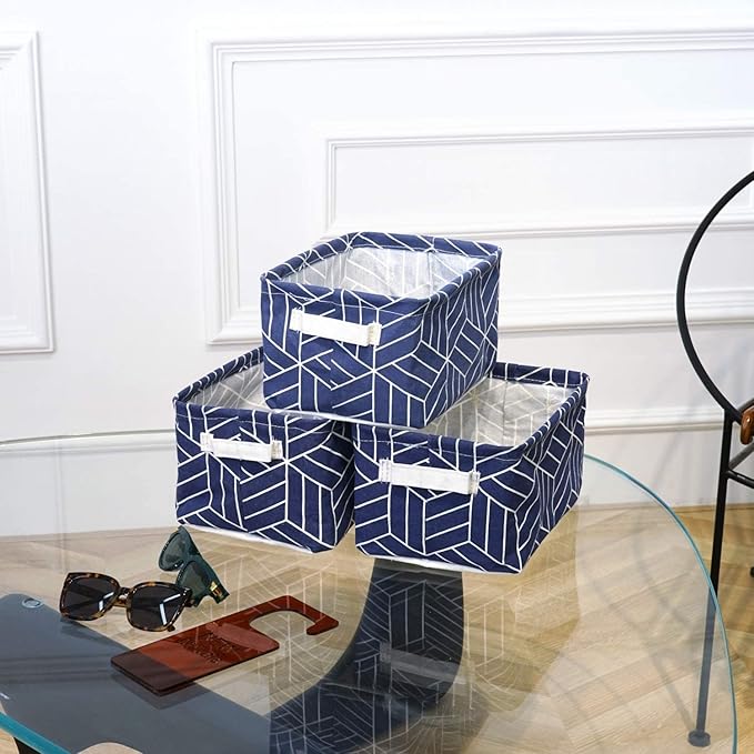 CROWNED 6 Pcs Storage Basket Foldable Cube Fabric Bins Square Mini Box Receive Organizer Rectangle Canvas with Handles for Home Office Books Small 11x8x6.3 inch Navy