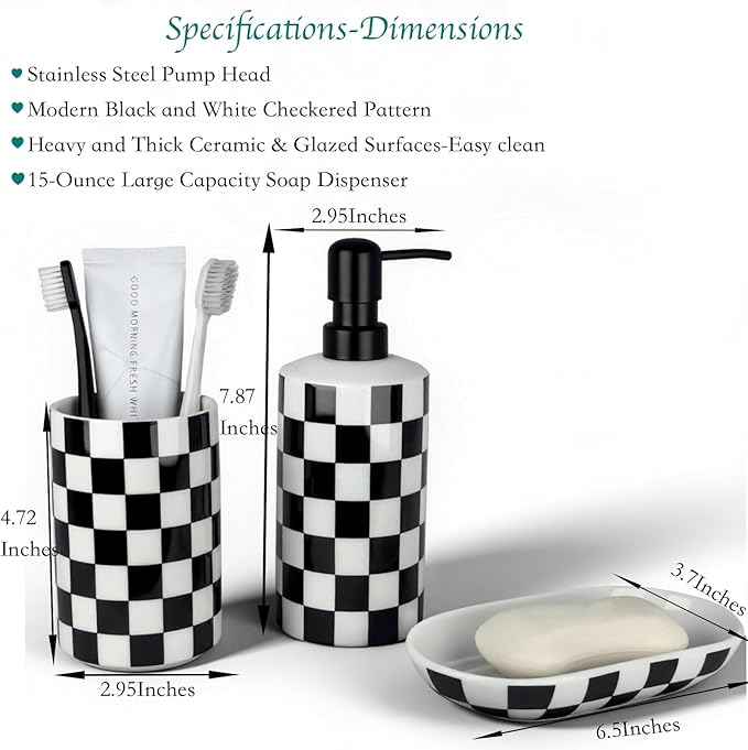 Bathroom Toothbrush Holder Set, Ceramic Soap Dispenser and Tooth Brush Holder and Soap Dish Set, Bathroom Accessories Sets Countertop, Black and White Checkered Bathroom Decor Set