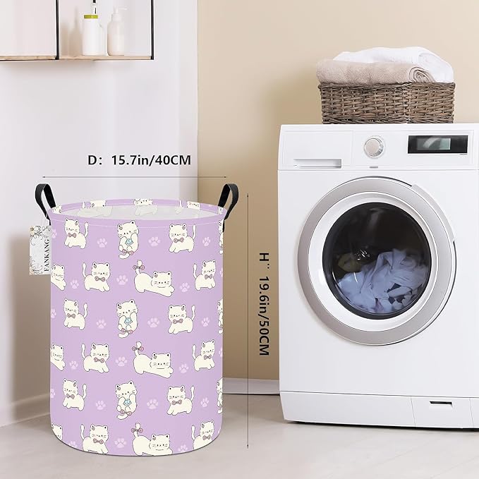 FANKANG Storage Basket, Nursery Hamper Canvas Laundry Basket Foldable with Waterproof PE Coating Large Storage Baskets for Kids Boys and Girls, Office, Bedroom, Clothes,Toys(Cat)