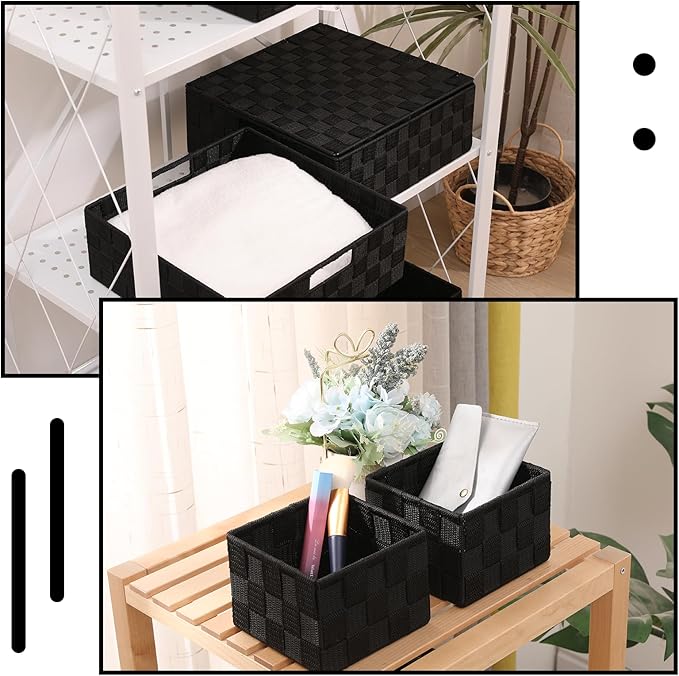 Woven Storage Bins with Lids, Set of 8, Polypropylene Storage Baskets with Metal Frame, Stackable Fabric Boxes for Drawers, Closet, Shelf, Nursery and Office, Black