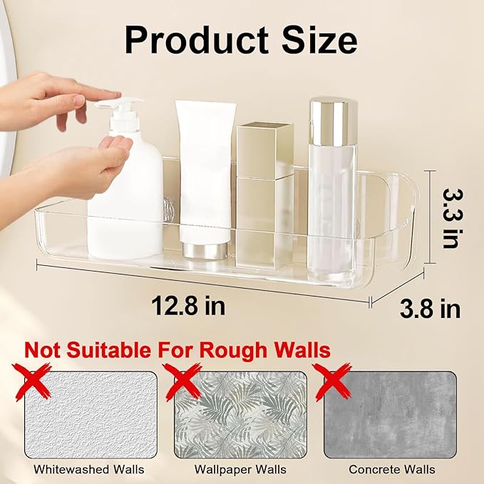 Diesisa 2pc Acrylic Wall Mount Organizer, Adhesive Shelf, Bathroom Shelves for Wall, Self Adhesive Organizer, Shower Caddies, No Drilling Hang Wall,with 3pack Tapes, for Bathroom, Kitchen, Living Room