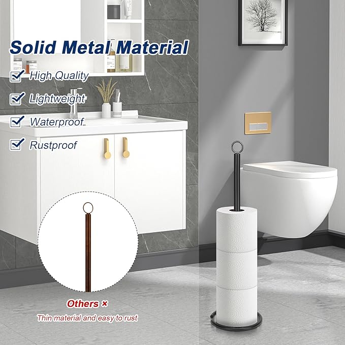 NearMoon Bath Toilet Paper Holder Stand, Freestanding Tissue Paper Storage with Reserve, Space Toilet 4 Rolls Holder for Bathroom/Kitchen Countertop-All Metal (3 Pack, Matte Black)
