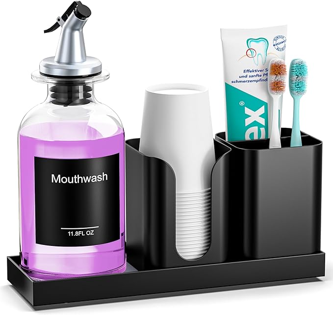 Moforoco Glass Mouthwash Dispenser with Toothbrush Holders, 11.8Oz Mouth Wash Bottle Container with Cup Holder, Funnel, Labels, and Drying Stone Tray, Bathroom Decor Accessories Set, Black