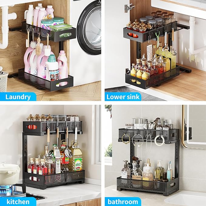 Under Sink Organizer 2 Tier, Pull Out Cabinet Storage with 5-Level Adjustable Height, Thickened Carbon Steel Sliding Under Cabinet Shelf for Kitchen, Bathroom, Laundry Room,Black, 2-Pack