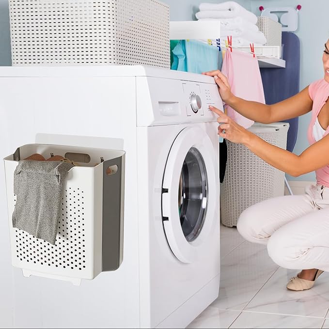 Collapsible Laundry Basket, Wall Mounted Hamper with Handle, Space-Saving Foldable Storage Dirty Washer Organizer, Hanging Multi-function Container for Home, Dorms, RVs, 11 x 6.3 x 11.4 Inch