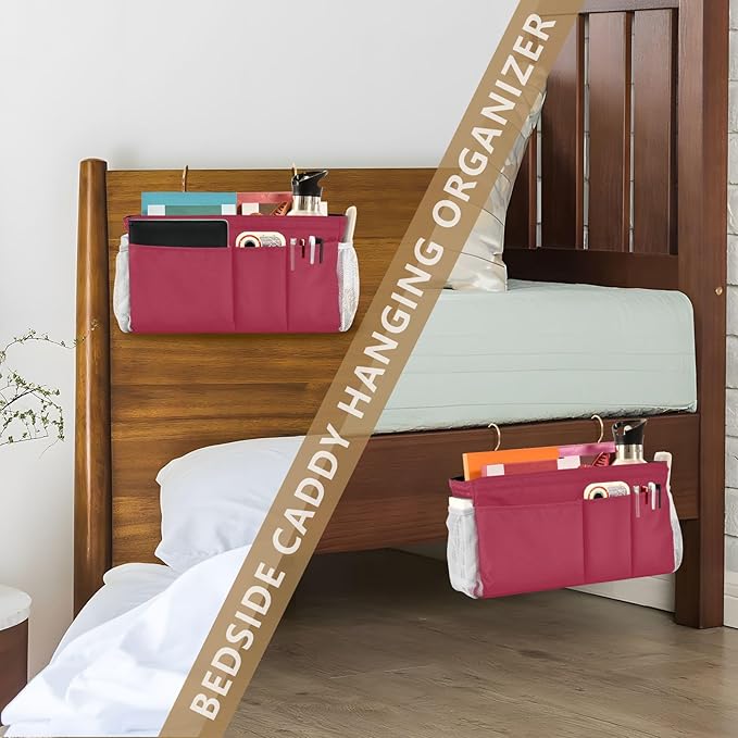 KOPIRIT Strawberry Red Bedside Caddy Storage Bag Bedside Organizer for College Dorm Top Bunk Bed Organizer Caddy Hanging Shelf 6 Pockets with Hooks for Glasses Book Tablet Holder