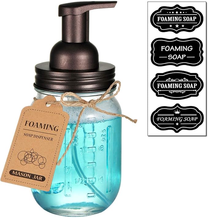 Amolliar Mason Jar Foaming Soap Dispenser, Rustproof Stainless Steel Lid, BPA Free Foam Pump, with Chalkboard Labels, Rustic Farmhouse Decor, Hand Soap Dispenser Bathroom Accessories, Bronze (1 Pack)