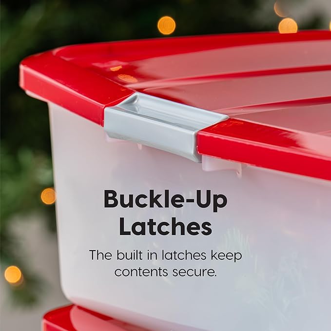 IRIS USA 33 Quart Christmas Wreath Storage Container Box with Lid, 3-Pack, Stackable Under Bed Storage Organizer Bin with Latching Buckles for 20" Wreaths Christmas Decorations Garlands, Clear/Red