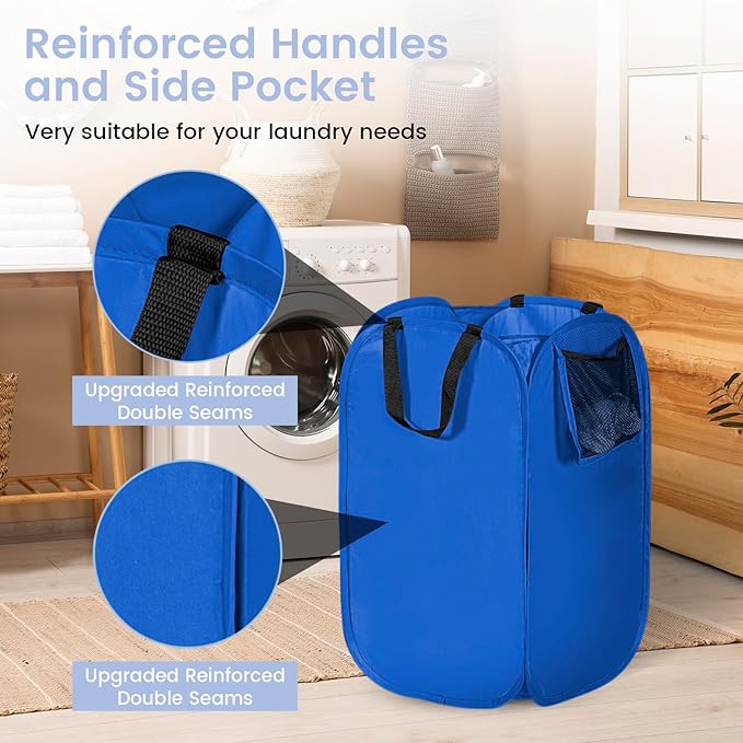 HOUSE AGAIN Upgraded Polyester Pop Up Laundry Hamper, Collapsible Laundry Baskets with Durable Handles Solid Bottom High Steel Frame and Side Pocket, Easy Open & Save space,Perfect for Storage(Blue)