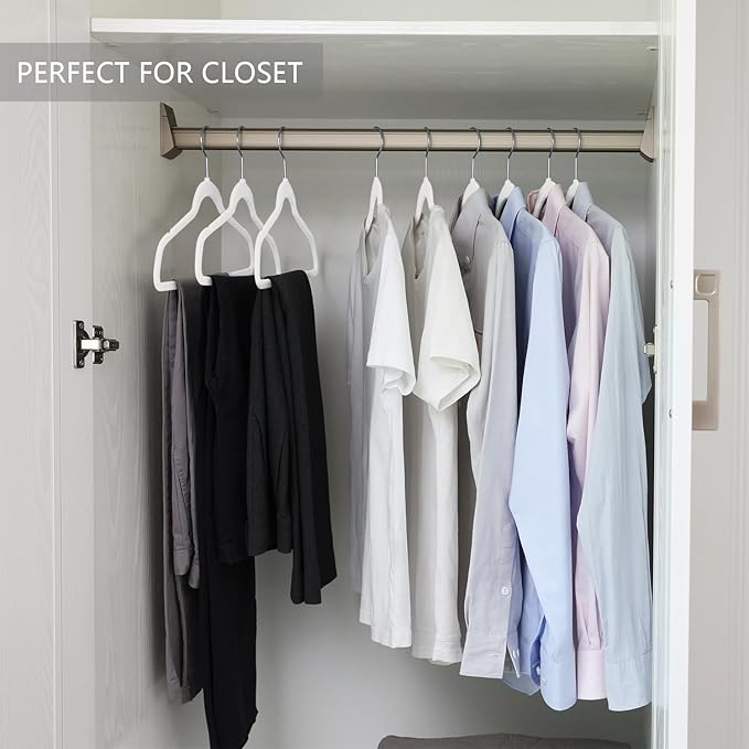 MIZGI Premium Velvet Hangers (60 Pack) Heavy Duty - Non Slip Felt Suit White Chrome Hooks,Space Saving Clothes White/Silver