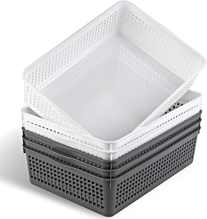 A4 Size Plastic Storage Basket,Desktop File Paper Letter Organizer Tray, 6-Packs (White+Grey)