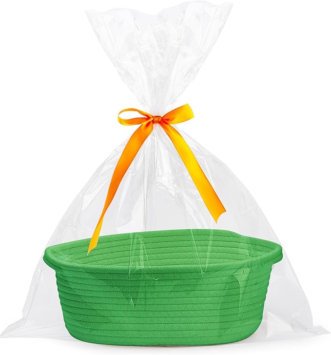 Pro Goleem Small Woven Basket with Gift Bags and Ribbons Durable Baskets for Gifts Empty Small Rope Basket for Storage 12"X 8" X 5" Baby Toy Basket with Handles, Grass Green