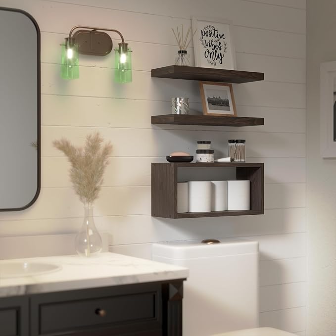 RICHER HOUSE Floating Shelves Set of 3, Modern Bathroom Shelves Wall Mounted Shelves with Invisible Brackets Over Toilet, Rustic Wall Shelves for Bathroom Bedroom, Living Room, Kitchen - Walnut