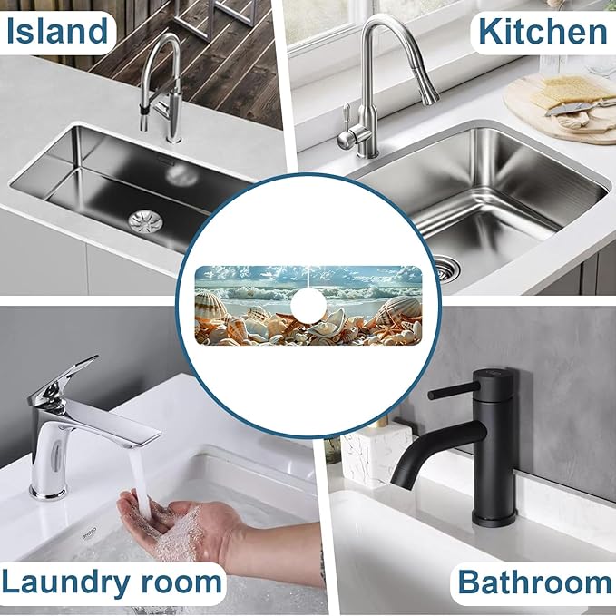 Beach Kitchen Sink Splash Guard Faucet Mat Shells Starfish Waves Super Absorbent Fast Drying Mat Sink Splash Guard Behind Faucet for Kitchen Bathroom, 15.5"x5.5"