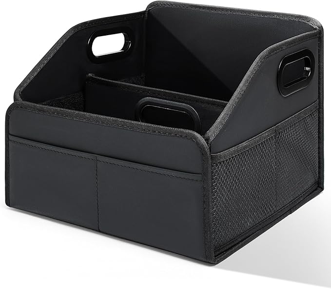 Car Storage Organizer Reinforced Dividable Leather Car Caddy Basket for Front Seat Floor Back Sturdy Frosted Handle 8 Compartments Adjustable Strap Buckles Slip-Resistant for SUV Truck